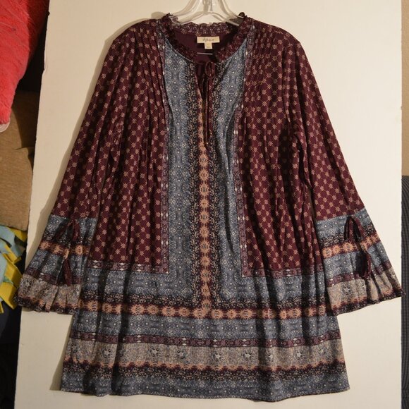 Style & Co Bohemia Style Ruffle Collar V-Neck Lace Burgundy-Gray Floral Blouse L - Picture 8 of 8